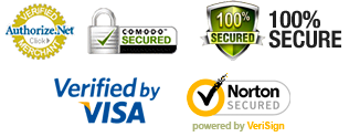 Authorize.net, Comodo, 100% Secure, Verified by Visa, and Norton Secured