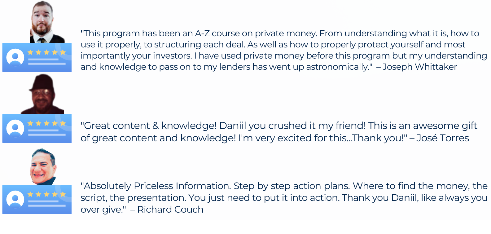 Testimonials from Joseph Whittaker, José Torres, and Richard Couch